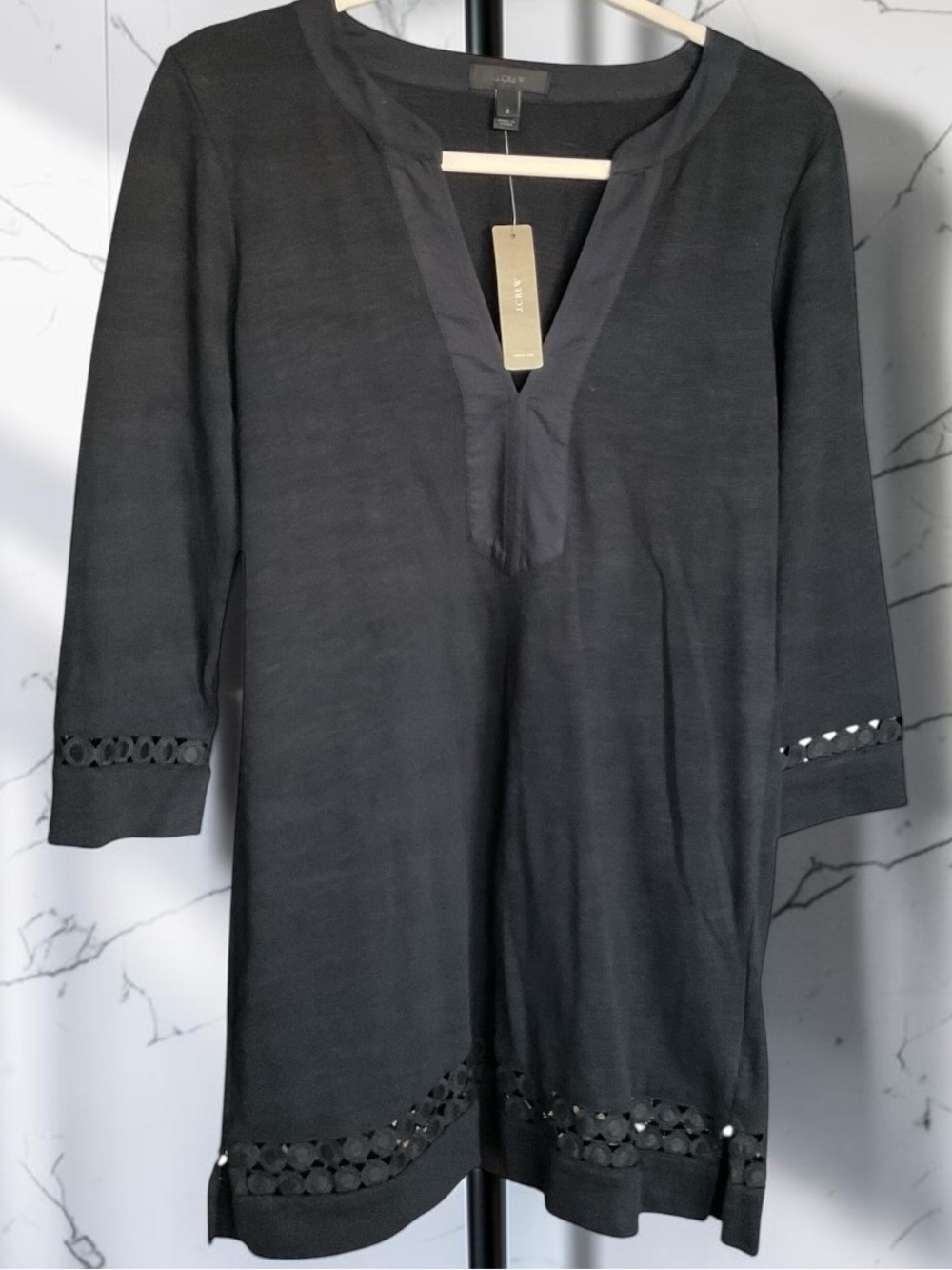 J. Crew Black V-Neck Tunic Dress w/Eyelet Hem &Cuffs, NWT, P2P:19”, L:31.5”